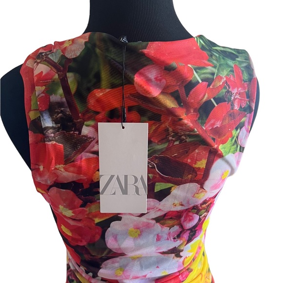 ZARA WOMENS LONG DRAPED FLORAL PRINTED TULLE DRESS SLIT sz M (B26) - Picture 14 of 16